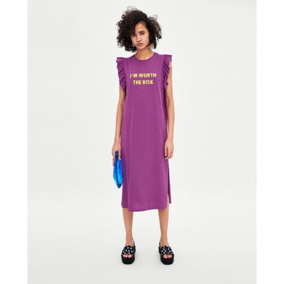 ZARA Women's Midi T-Shirt DRESS WITH FRILLS AND INSCRIPTION Violet - Picture 1 of 5